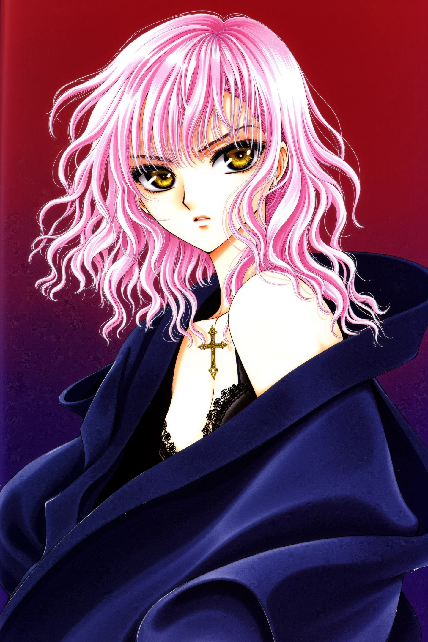 This is a digital drawing in an anime style,featuring a young woman with a striking appearance. She has voluminous,wavy,pastel pink hair that cascades around her face,giving her a whimsical yet mysterious aura. Her eyes are large and almond-shaped,with a piercing golden hue that stands out against her pale skin. She wears a dark blue,flowing robe that drapes elegantly around her shoulders,revealing a hint of a dark,lacy bra underneath. A delicate,gold cross-shaped pendant hangs from her neck,adding a touch of religious symbolism. The background is a gradient of deep reds and purples,creating a dramatic and intense contrast with her light hair and skin tone. The texture of the drawing is smooth,with clean lines and vibrant colors,typical of digital art. The overall composition is dynamic,with the woman's gaze slightly turned towards the viewer,adding an element of intrigue and depth to the image.,
<lora:X_FLUX:1>,