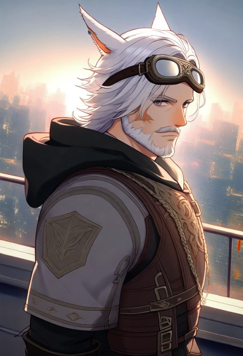 pearlescent, cid nan garlond, gentlebean_ffxiv , 1boy, male focus, grey eyes, facial hair, beard, solo, goggles, white hair, miqo'te, cat ears, animal ears, goggles on head, jewelry, mustache, hood, hoodie, outdoors, city view, looking at viewer, cinematic angle, cinematic lighting,, cinematic angle, cinematic lighting, dynamic pose, masterpiece