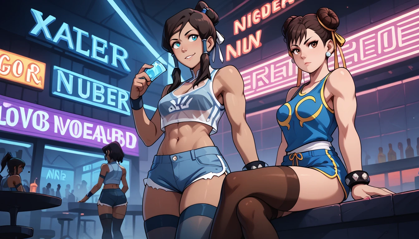 score_9, score_8_up, score_7_up, 2girls, nightclub, neon lights, fog, ADDCOMM
avakorra1x, sheer crop top, short shorts, thighhighs ADDCOL
CHUNLISF, brown eyes, double bun, bun cover, tank top, short shorts, thighhighs
<lora:Korra_Pony:0.8> <lora:CHUN:0.8>