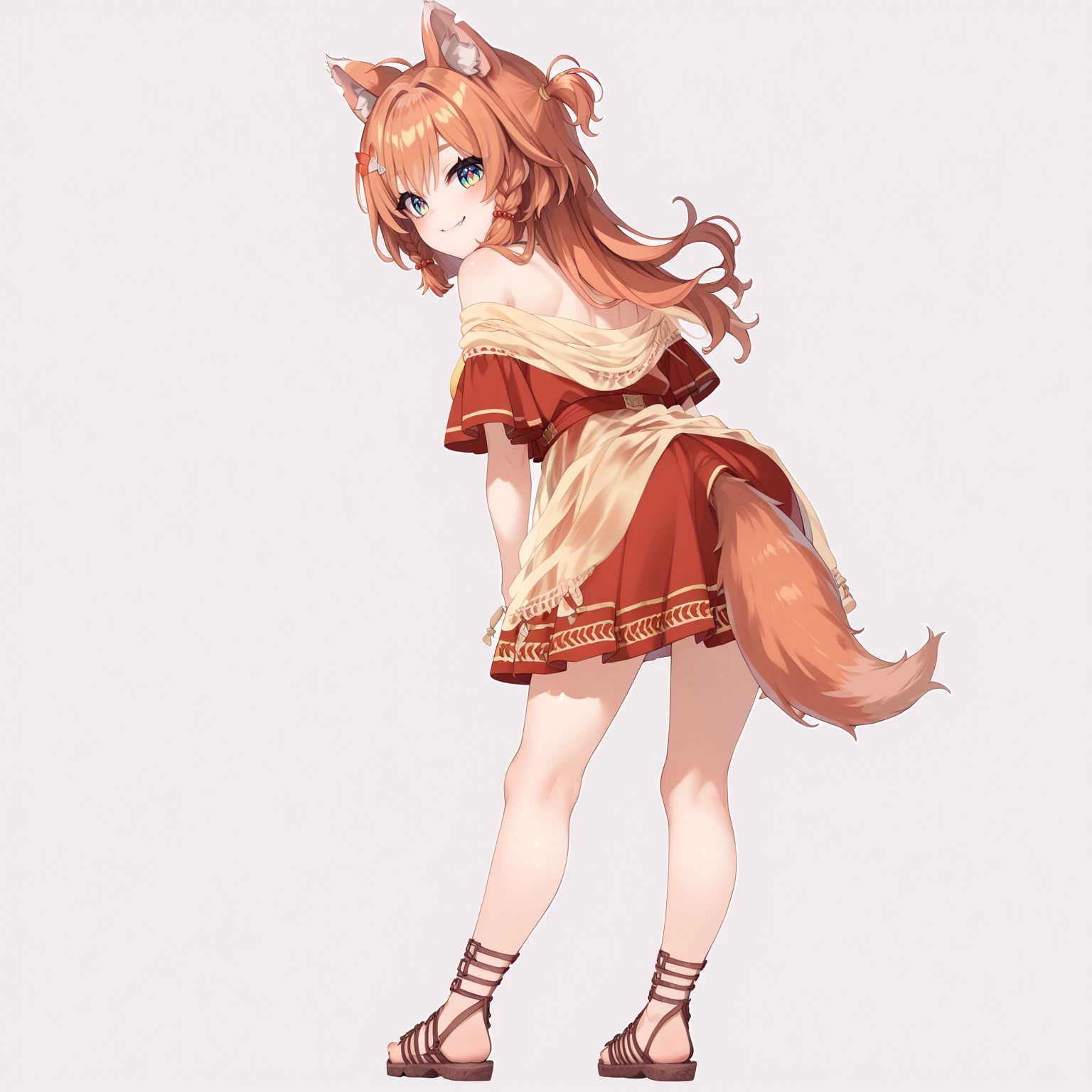 score_9, score_8_up, score_7_up, score_6_up, score_5_up, score_4_up, source_anime, rating_safe, BREAK
simple background,
m0zu, 1girl, solo, standing, looking back, from behind,
animal ears, braids, tail, hair ornament, orange hair, one side up,
red dress, yellow shawl, off shoulder, gladiator sandals, smile, closed mouth, fang out, 
 <lora:mozumi-roman_m0zu_v1:0.9>