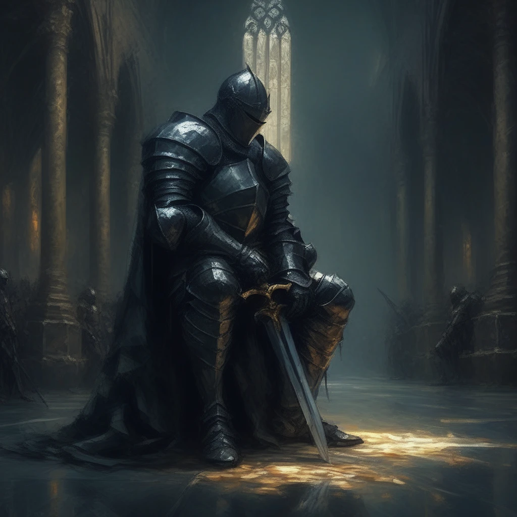 A dark fantasy knight, cloaked in armor that seems to merge with the surrounding shadows, kneels in a grand hall lit only by the faint glow of torches. The hall's architecture is gothic, with towering arches and stained glass windows depicting scenes of battle and valor. The knight's posture is one of deep respect or oath-taking, his head bowed low, and his sword, a masterpiece of blacksmithing with runes glowing faintly along its blade, is laid before him on the cold stone floor. The atmosphere is thick with a sense of solemnity and ancient power, Dark Fantasy, Knight, Gothic Architecture, Kneeling, Sword, Oath, Shadowed, Torches, Runes, Solemn, Ancient Power, Detailed Armor, Cinematic, Atmospheric, Respectful Posture, knight art