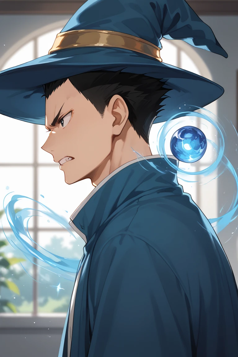 score_9, score_8_up, score_7_up, source_anime, rating_questionable, day, natural lighting, male focus, looking away, angry, KindaichiHU, black_KindaichiHU_spiked hair, black_KindaichiHU_eyes, clenched teeth, floating object, magic, wizard, hat, robe, 1boy, blurry indoors, from side, dutch angle, intricately detailed illustration, atmospheric perspective, depth of field