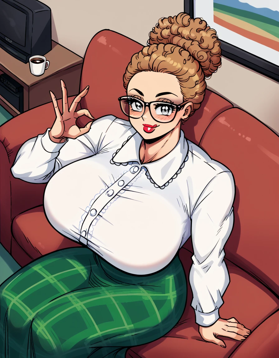 score_9, score_8_up, score_7_up, source_anime, <lora:naked-justice-ponyxl-lora-nochekaiser:1>, naked justice, light brown hair, glasses, hair bun, single hair bun, lipstick, grey eyes, curly hair,, skirt, shirt, white shirt, huge breasts, plaid, plaid skirt, green skirt, long skirt, frills, centered fills, long sleeves,, living room, sofa, TV, coffee table, decor, , <lora:money-gesture-ponyxl-lora-nochekaiser:1>, money gesture, blush, sitting, couch, arm support, smile, tongue out, knee up, from above, looking at viewer, solo,, dutch angle, cowboy shot