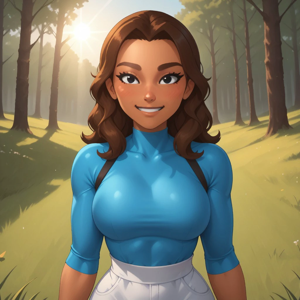 score_9, score_8, BREAK, solo, mii, wii, wii sports, 1girl, female mii, brown hair, black eyes, black eyeshadow, brown eyebrows, blush, dark skin, cyan clothing, white pants, shoes, nintendo mii, modern_mii, classic_mii, breasts, Na_rae_(Wii_Sports), cute, sexy pose, smile, outdoors, sunlight, shadows, evening lighting, natural lighting, forest, trees, grass, orange sky, sunset, mature female
