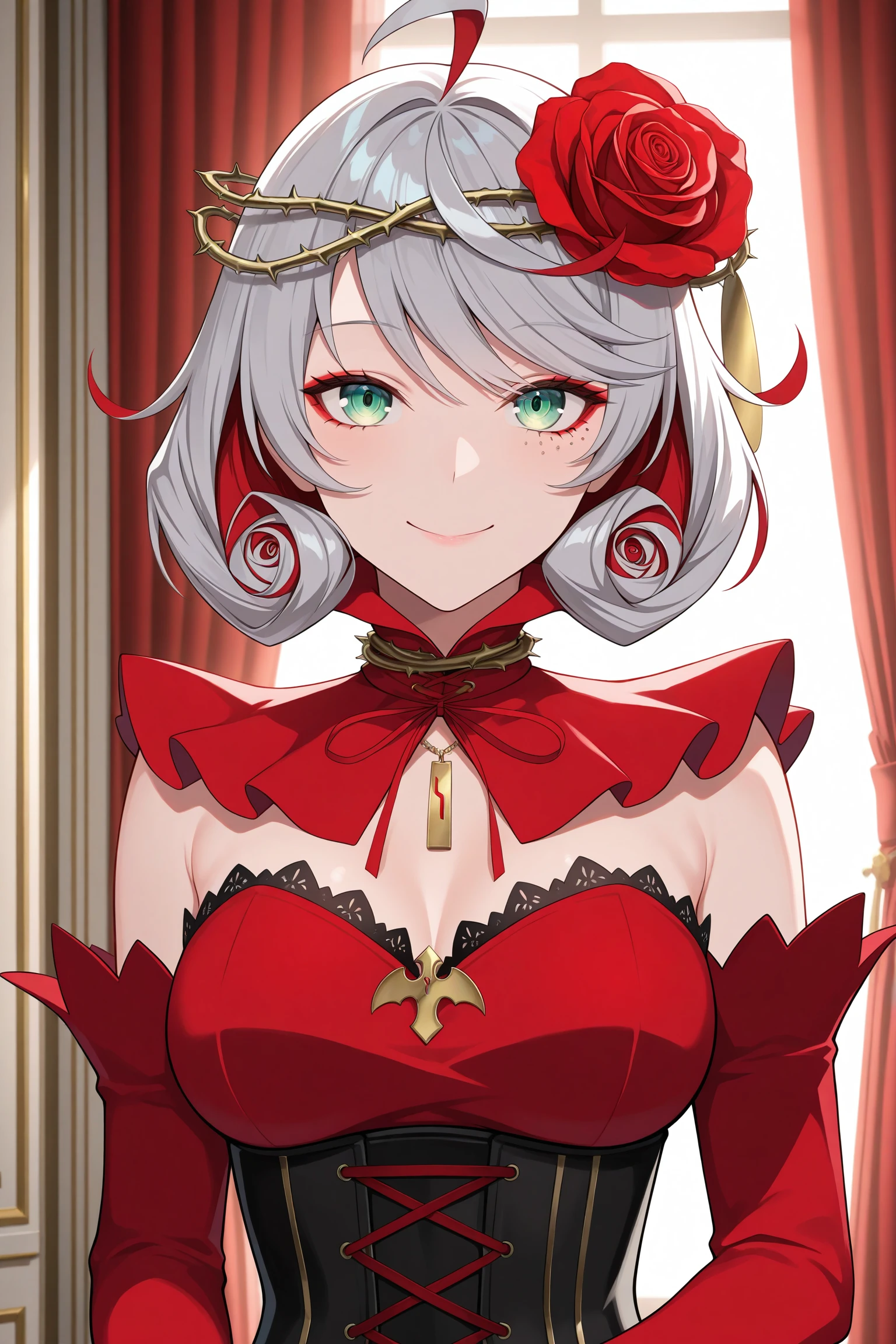 1girl, looking at viewer, indoors, masterpiece, best quality, amazing quality, highres, absurdres, very aesthetic, high resolution, ultra detailed, perfect details, smile, medium breasts, destiny (takt op.), anna schneider, multicolored hair, short hair, grey hair, red hair, ahoge, hair ornament, hair flower, crown of thorns, green eyes, makeup, red eyeshadow, mark under eye, red nails, red rings, rose, jewelry, necklace, dress, red dress, detached sleeves, black corset, black pantyhose, red highheels, <lora:Destiny_2nd_ILXL:0.8>, (aged up:1.4), (upper body:1.2)