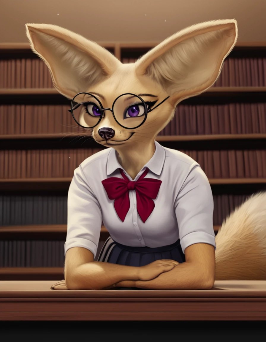 indoors,detailed background,library,
Kelly,1girl,solo,furry female,animal ears,glasses,black-framed eyewear,round eyewear,animal nose,purple eyes,body fur,tail,realistic,fox ears,snout,fox tail
full body,smile,long eyelashes,
school uniform,pose,
<lora:Kelly_v01_PDXL:1>,