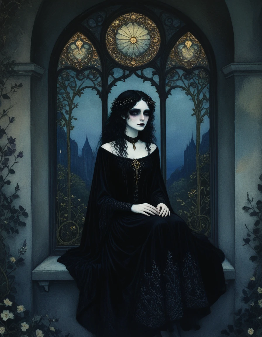 novuschroma style goth woman sitting by a window in a castle art nouveau <lora:124_novuschromaSXL_a4:1>, <lora:sdxl_lightning_8step_lora:1>