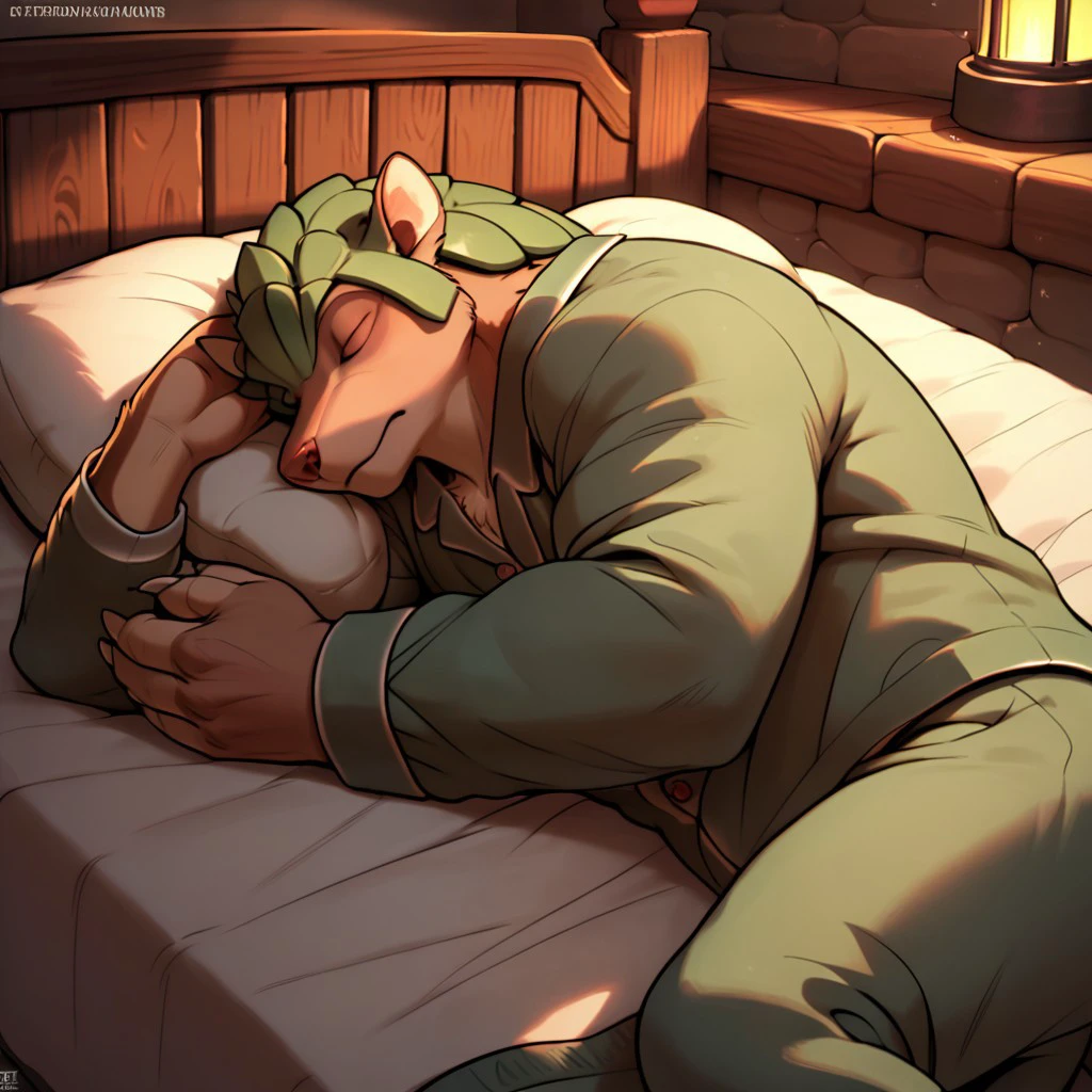 score_9_up, score_8_up, score_7_up, hamir, pangolin, male, green body, muscular, furry, solo, 1boy, furry, detailed background, indoors, medieval bedroom, nighttime lighting, pajamas, sleeping, sleeping in bed, side view, closed eyes