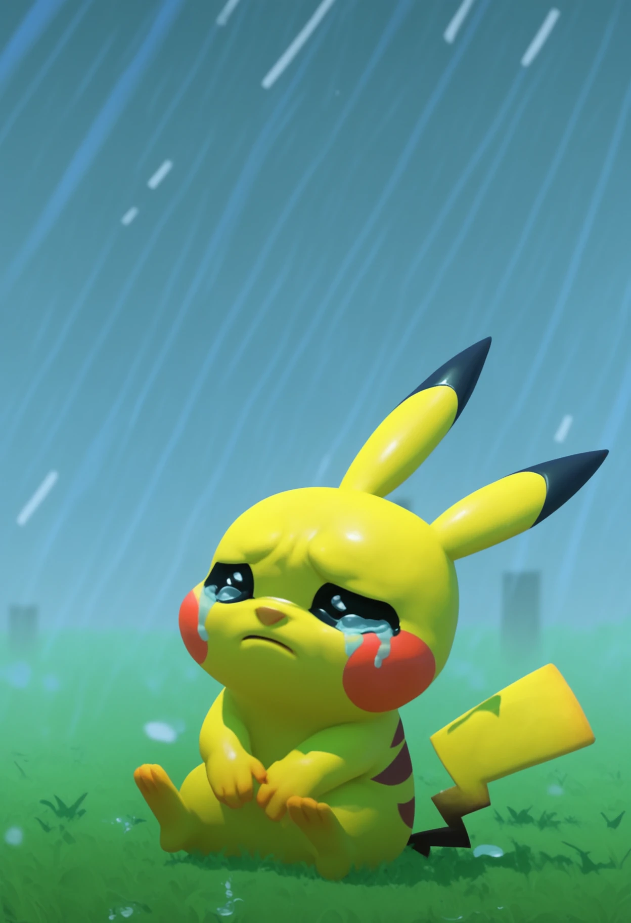 splatoonstyle, safe_pos, score_9, score_8_up, score_7_up, 1boy, solo, pikachu, pokemon (creature), sad, crying, rain, sitting, field