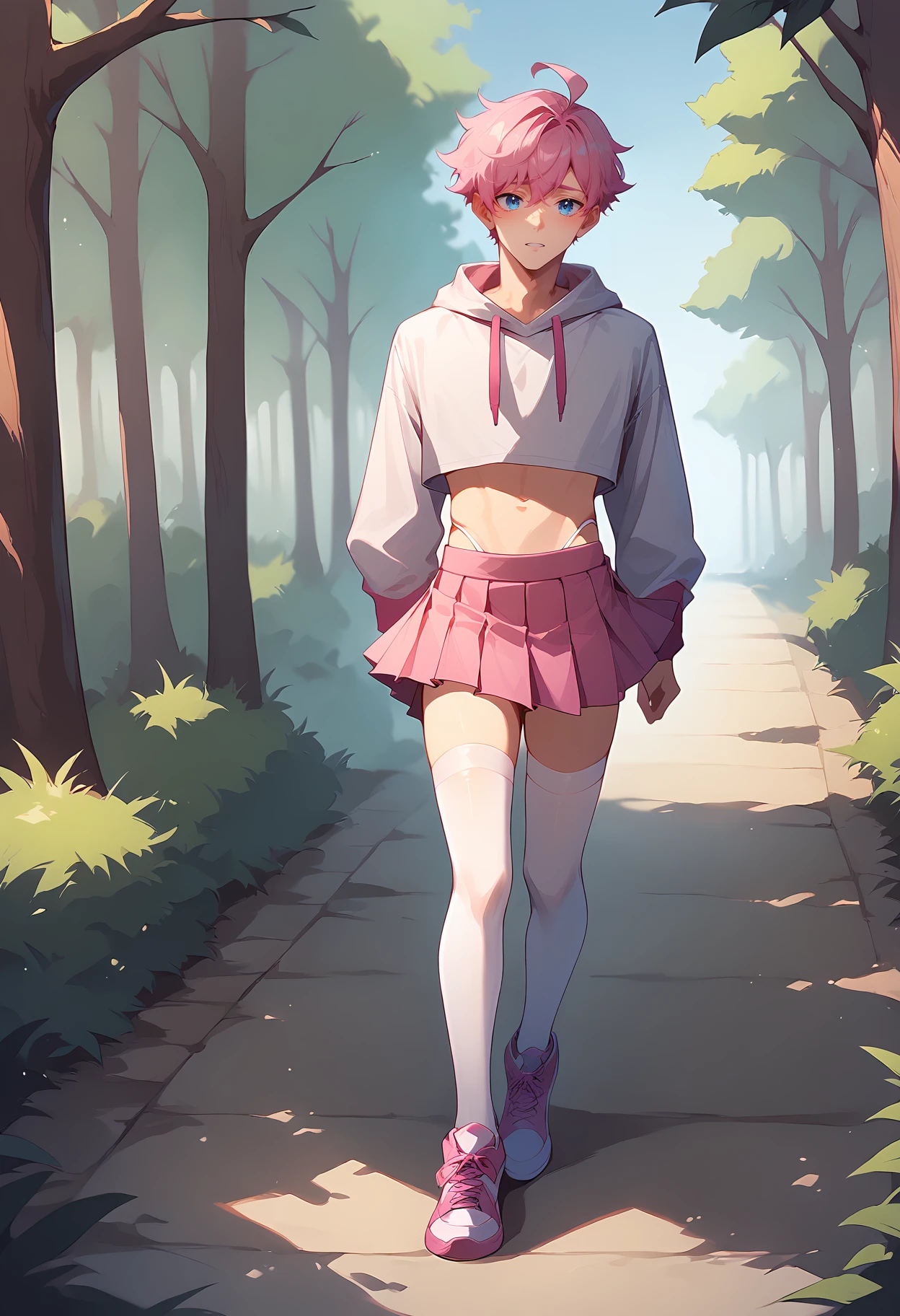 score_9, score_8_up, score_7_up, best quality, masterpiece, high res, BREAK
1boy, solo, male focus, finlay, ahoge, bangs, blue eyes, pink hair, short hair,
cropped hoodie, white hoodie, thong, white thong, long sleeves, miniskirt, pink skirt, pleated skirt, white thighhighs, pink sneakers, BREAK
nervous, standing, outdoors, forest, path, full body, <lora:Finlay-000012:1>, <lora:Detail Slider:1.5>