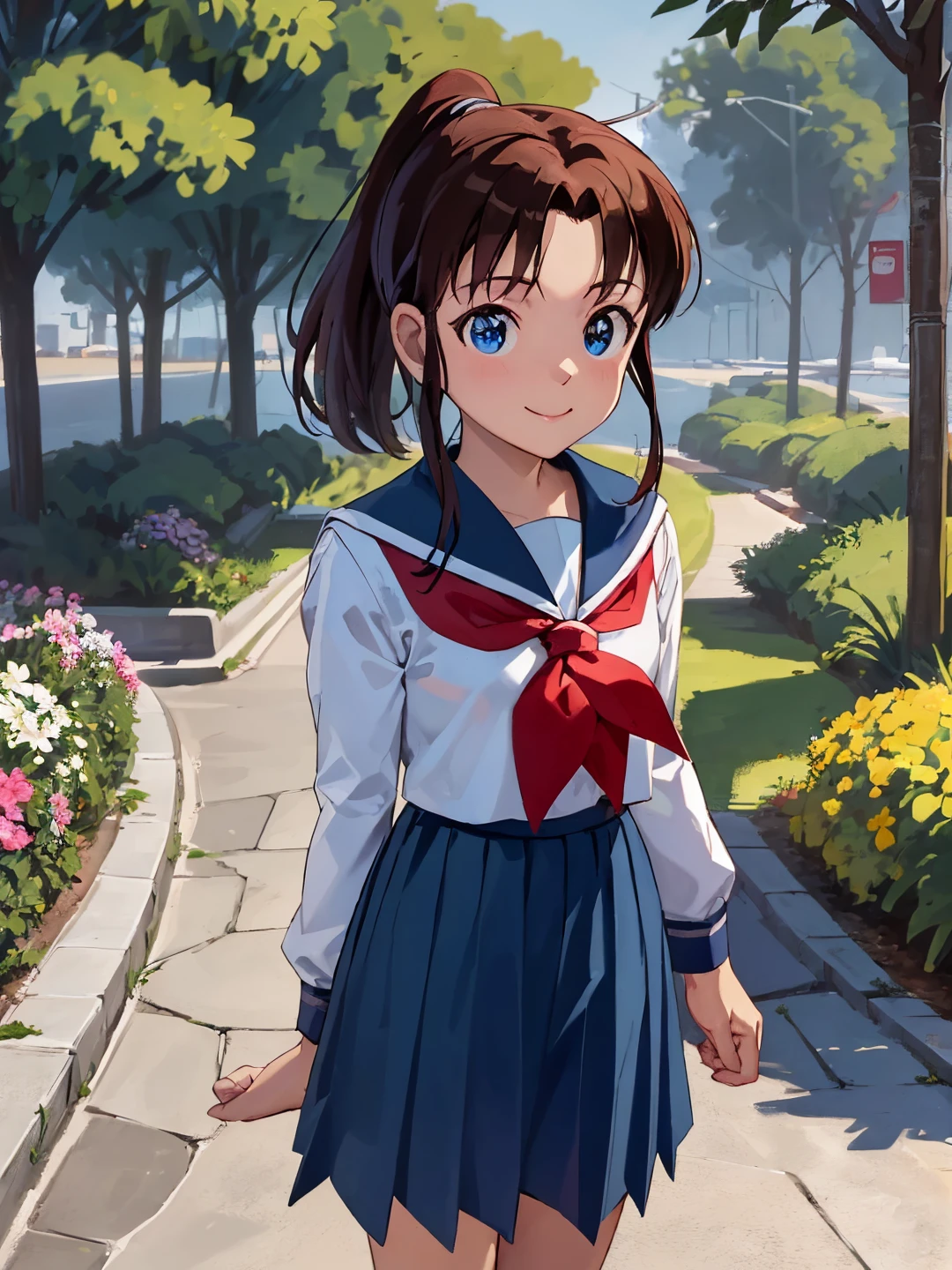 <lora:Mine_Sayaka_0R:0.7>
minesayaka, brown hair, long hair, high ponytail, sidelocks, blue eyes
serafuku, school uniform, white shirt, blue sailor collar, red neckerchief, (blue skirt:1.2), long skirt
masterpiece, best quality, ultra-detailed, detailed, detailed skin, absurdres, 8k, digital art
1girl, solo, facing viewer, standing, looking at viewer, smile, standing, cowboy shot
(outdoors, park, tree, bush, flower bed, street, stone floor)