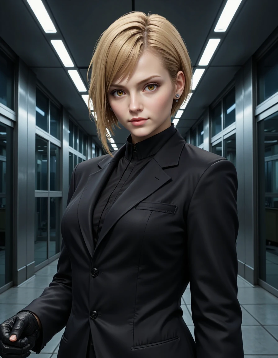 Elena_FF7_Real_Final, Extreme close-up portrait of Elena, cropped from upper chest to mid-forearm, in the cold, imposing atmosphere of Shinra Headquarters. Her sharp, amber eyes gleam with a blend of determination and uncertainty, a striking contrast against her smooth, fair skin. Her short blonde hair is styled in a neat, professional bob, with a few strands falling across her face, accentuating her intense yet slightly hesitant expression. She wears her Shinra-issued dark suit jacket with crisp lapels, the fabric showing subtle creases from her recent missions. At the frame’s edge, her gloved hands are visible, lightly clenched, hinting at both readiness and restraint. The background reveals the polished, metallic walls of Shinra’s upper floors, with expansive glass panels and harsh, blue-white fluorescent lights casting a sterile glow across the steel corridors, amplifying the tense, high-stakes atmosphere of the corporate stronghold. [Composition: Tight 85mm lens effect, emphasizing Elena’s composed resolve amid the stark, pressurized Shinra environment.]