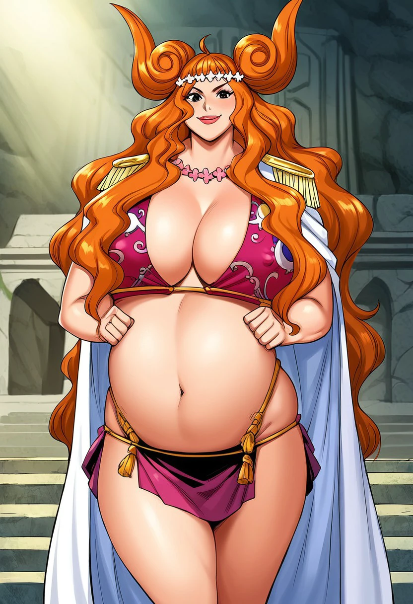 BoaMarigoldOP, 1girl, solo, big woman, muscular woman, large woman, chubby, ginger hair, very long hair, black eyes, lips, lipstick, large breast, cleavage, bikini, loincloth, boots, hair ornament, necklace, short skirt, cape, epaulettes, large belly, navel, head wreath,  sumo wrestlers body type, weapon, polearm, wave hair, curly hair, smile,bbw, 
seductive pose, sexy pose, tease, ruins,
 score_9, score_8_up, score_7_up, beautiful aesthetic, very intricate, high quality details,vibrant, highly detailed, award-winning, professional,anime artwork, anime style, studio anime, athletic, toned female,muscular milf,curvy body, athletic girl,fit girl, perky tits,large breast,perfect tits, round breasts, nipple outline,looking at viewer, pinup pose,teasing, dynamic lighting, cinematic, smug, better than you, aura of temptation, highly detailed, high resolution, masterpiece, detailed clother, detailed background, highly detailed, ((sound effects)) comic layout,