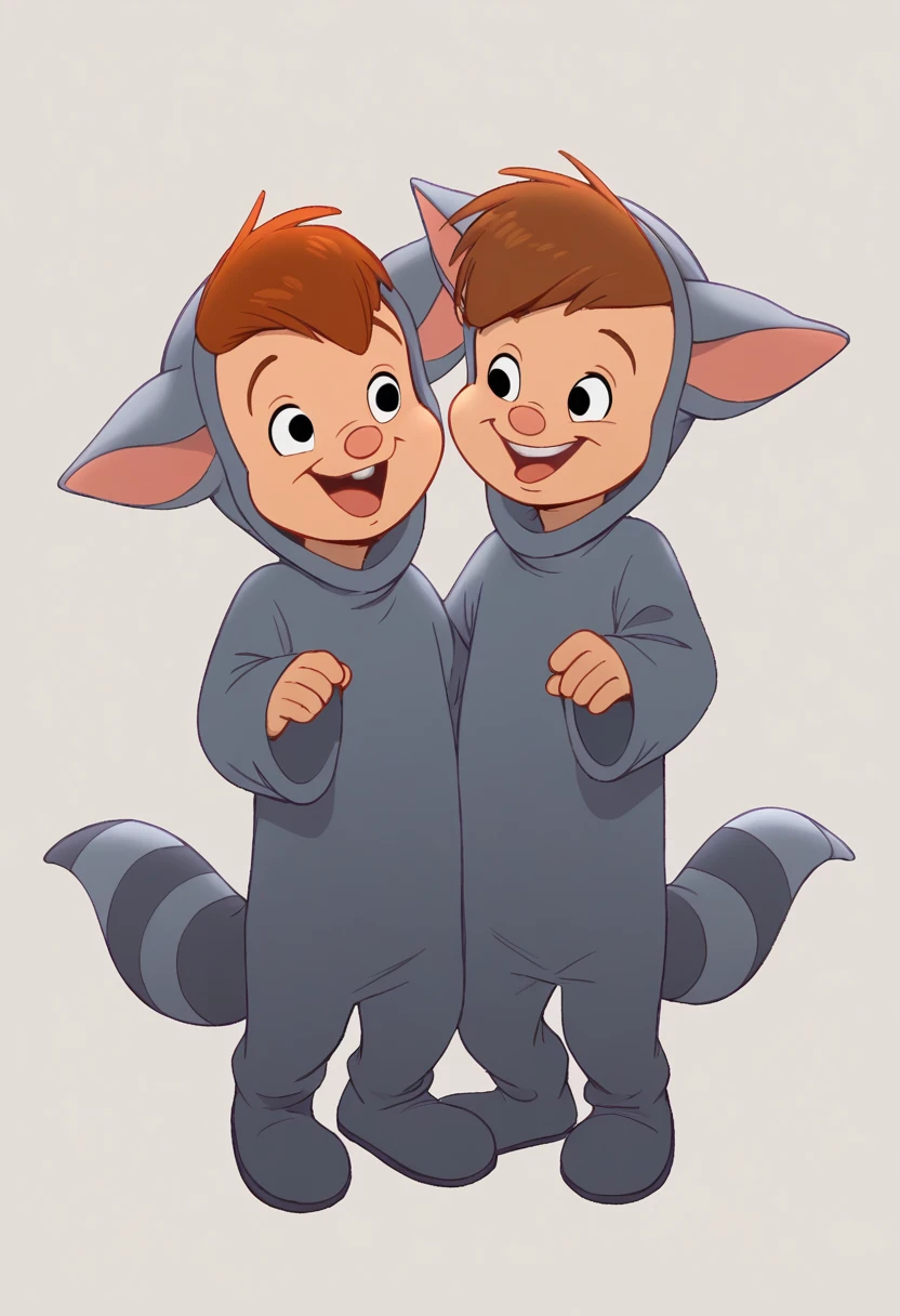 score_8, score_9 ,standing, male focus, <lora:Twins_PeterPan:1>,(Duo:1.3),pptwins, brown hair, male focus, black eyes, grey animal ears, grey animal costume, open mouth,grey tail, smile, buck teeth,young,