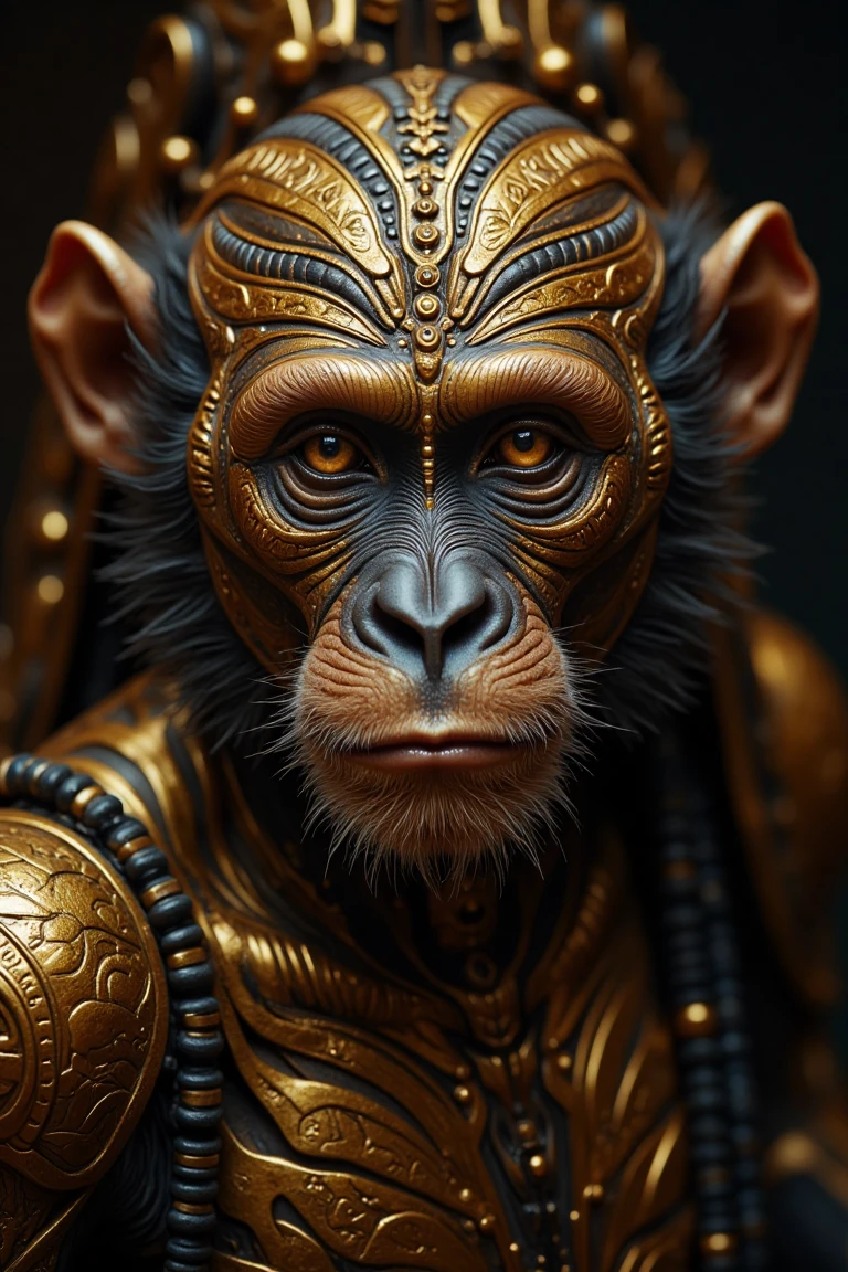 shiny gold and black, mechanical monkey, wise, aztec gold style, looking at the viewer, cinematic photography, dof, ,hyperrealism, majestic, awesome, inspiring, sepia, atmospheric haze, cinamatic composition, soft shadows, national geographic style, black glow