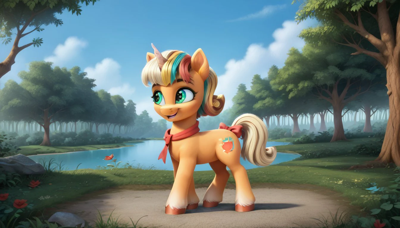 score_9, score_8_up, score_7_up, score_6_up, score_5_up, score_4_up, rating_safe, <lora:Peach fizz:1>Peach fizz, 
Filly, FULL body
,  Big forest with yellow, green and red leaves at sunset, in the background, fantasy, professional canvas, triad colours, deep colour, voluminous lighting, shading with dark edges, richly detailed, matte background, octane render style. (cute, pony, small,) (high quality, detailed, beautiful), radiant, adorable face, detailed beautiful eyes, realistic, outstanding, counter shading, detailed soft lighting, cinematic vintage photography. <lora:mlp_g5(1):1> <lora:Wholesome_MLP-v1.2:1>
<lora:3D_Animation_Diffusion_Pony_style:0.3> <lora:Realistic000003_1_2.5DAnime_0.05_Merge1:1>