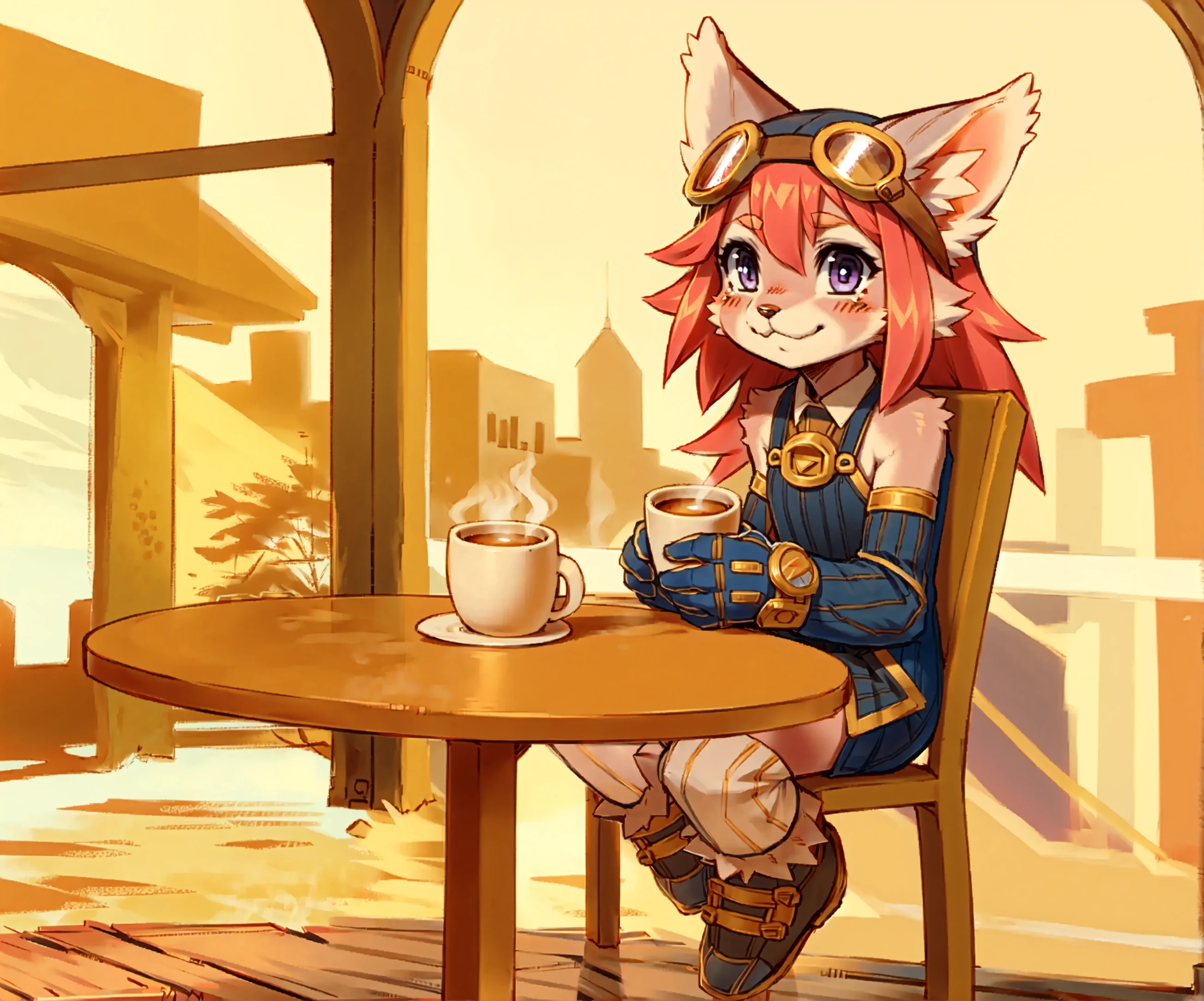 by waspsalad, by mayoineko, by fluff-kevlar, by butterchalk, BREAK,
anthro, female, solo, chocolat gelato \(solatorobo\), pink hair, pink fur, purple eyes, white animal ear fluff, bangs, animal ears, animal nose, flat chested, dog ears, dog girl, :3, clothing, elbow gloves, gloves, goggles, goggles on head, tinted eyewear, white socks, black footwear, long hair, smile, short tail, sitting in chair, drinking coffee, (detailed background), steampunk, (cafe), (table:1.2), wooden floor, close up, (from side), full-length portrait, <lora:30_CCLG:1>