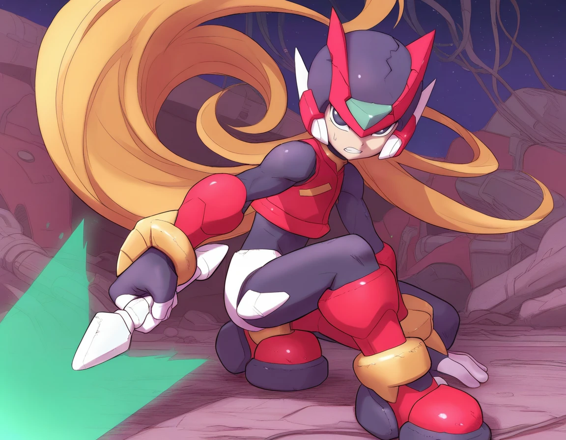 the overall style of the illustration is anime-inspired,
masterpiece,best quality,very aesthetic,highres,absurdres,sensitive,amazing quality,beast quality,
<lora:megaman zero illuXL v4.1:0.75>,official art,
green energy sword,1boy,male focus,solo,clenched teeth,holding green energy sword,damaged,sweatdrop,looking at viewer,full body,red theme,cable,black bodysuit,on one knee,mecha,red armored boots,red armored gloves,red headgear,red vest,zero rz,green forehead jewel,space,floating hair,