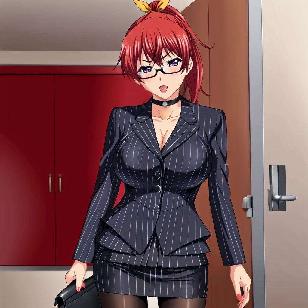 <lora:Asahina_pony_v1:.8>  AsahinaAnaNoOku, 1girl, ponytail, large breasts, red hair, purple eyes,, cowboy shot,  <lora:0856 OL professional suit skirt 1_v1_pony:1> ruanyi0856,striped jacket,choker,black pantyhose,striped skirt,glasses,black skirt,pinstripe pattern