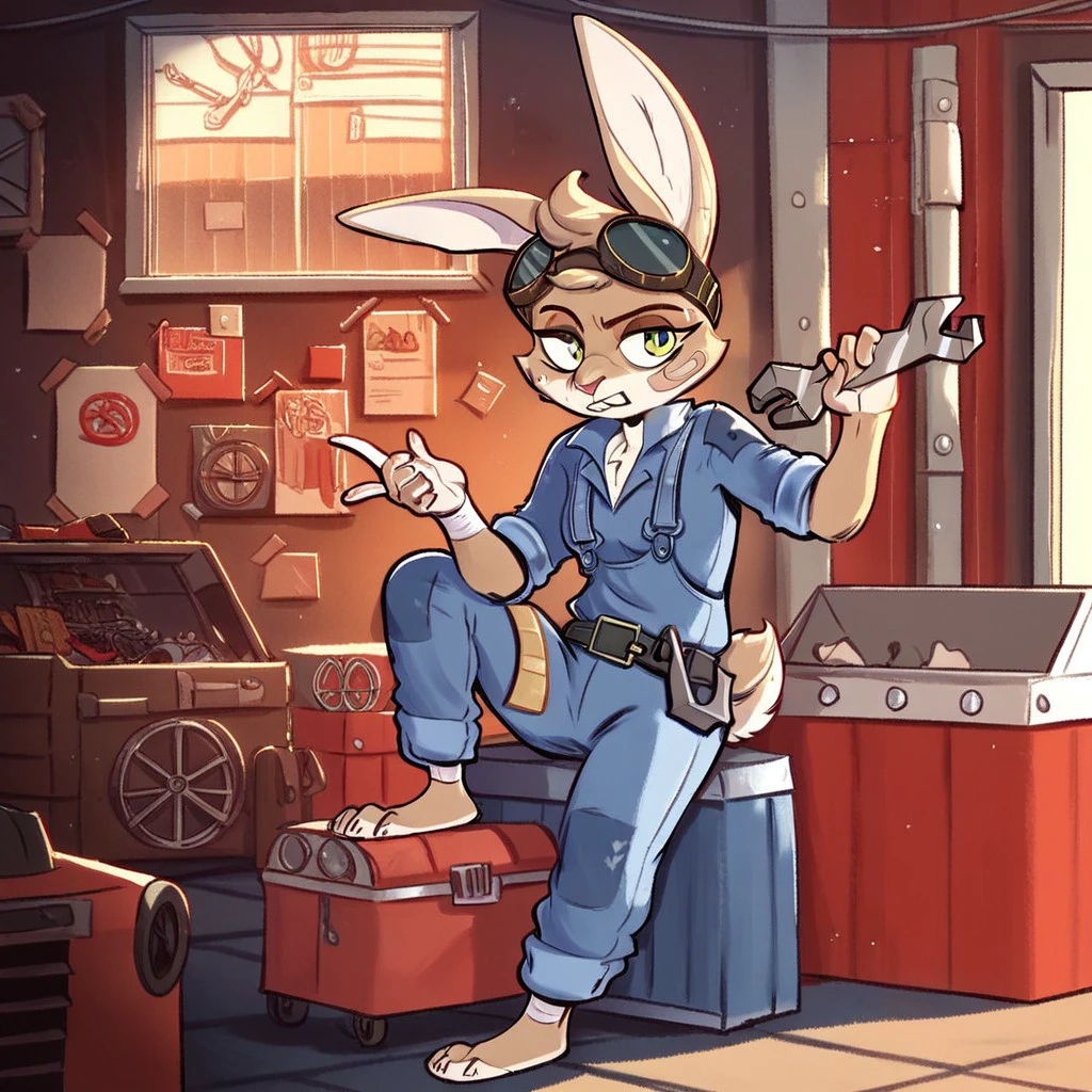 score_9_up, score_8_up, score_7_up, indoors, garage, mechanic shop, ayala, rabbit, brown fur, green eyes, goggles on head, band-aid, black overalls, blue jumpsuit, holding wrench in one hand, barefoot, rabbit tail, 1girl, solo, furry, , sitting on stool