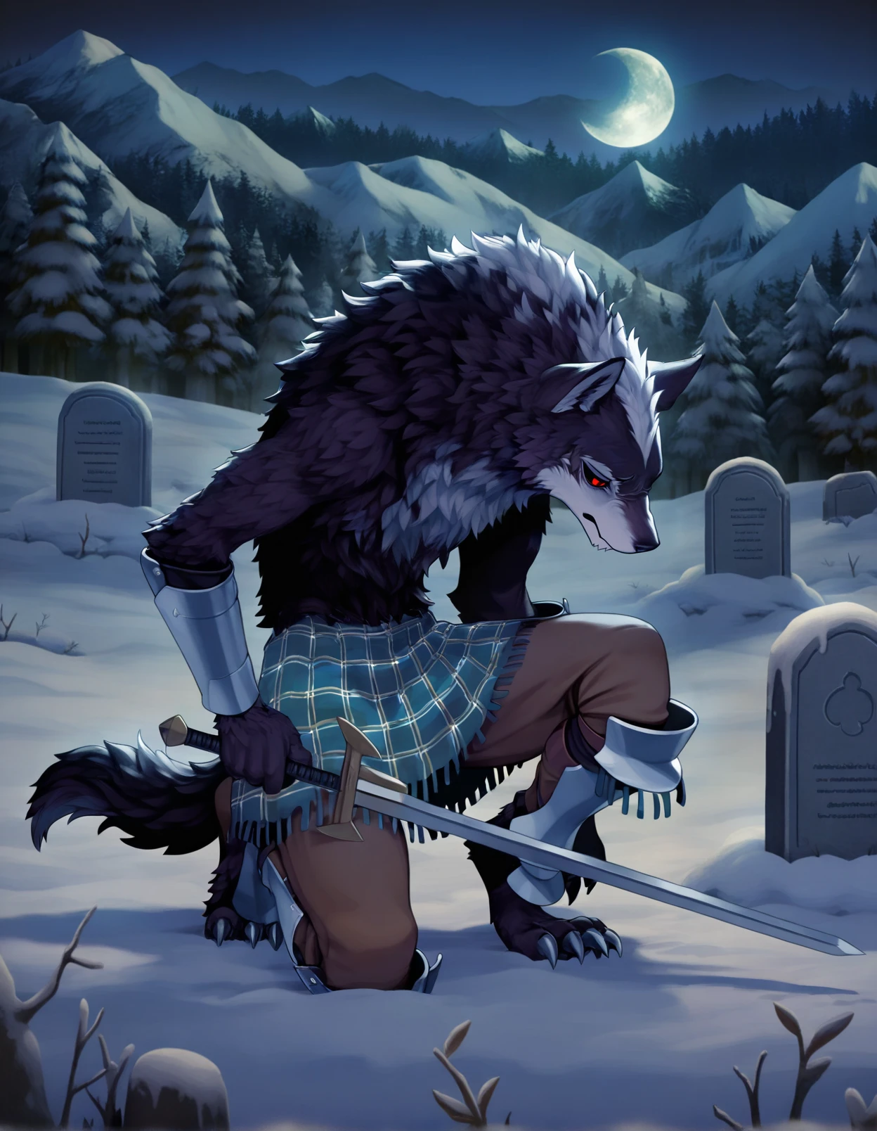 masterpiece, best quality, govil, wolf, anthro, solo, male, white head tuft, bracers, leg armor, brown pants, cyan kilt, holding sword, on one knee,  red eyes, black sclera, toe claws, half-closed eyes, moon, mountain, snow, forest, night, dark theme, sad, tombstone, 
<lora:UnicornOverlordBeastmen_Noob-1.0.38:1>