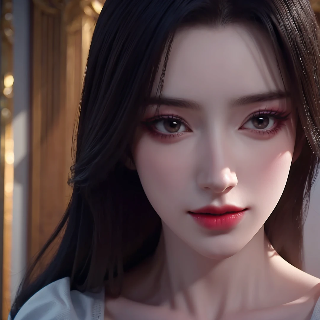 1girl,solo,long hair,black hair,brown eyes,eyelashes,(eyeshadow),makeup,red lips,blue dress,looking at viewer,indoors,close-up,depth of field,Highly detailed,(ultra-detailed),(best quality:1.5,masterpiece:1.5),<lora:caoying:0.75>,