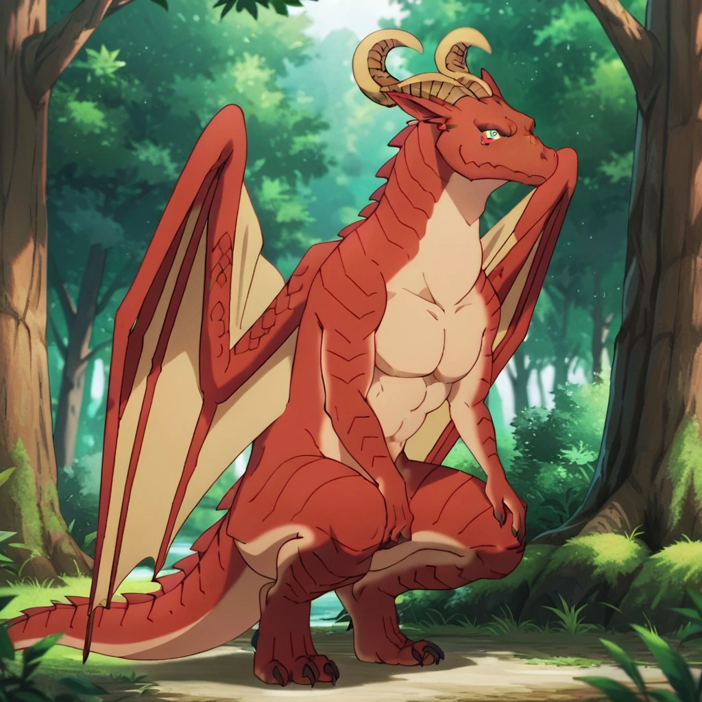 score_9, score_8_up, score_7_up, score_6_up, score_5_up, score_4_up, source_furry, lettydrgn, semi-anthro, male, dragon, red scales, wings,horns, squatting, in a forest, green eyes, <lora:83bd8975-c18a-4800-8fd2-0692f313e199:0.7>