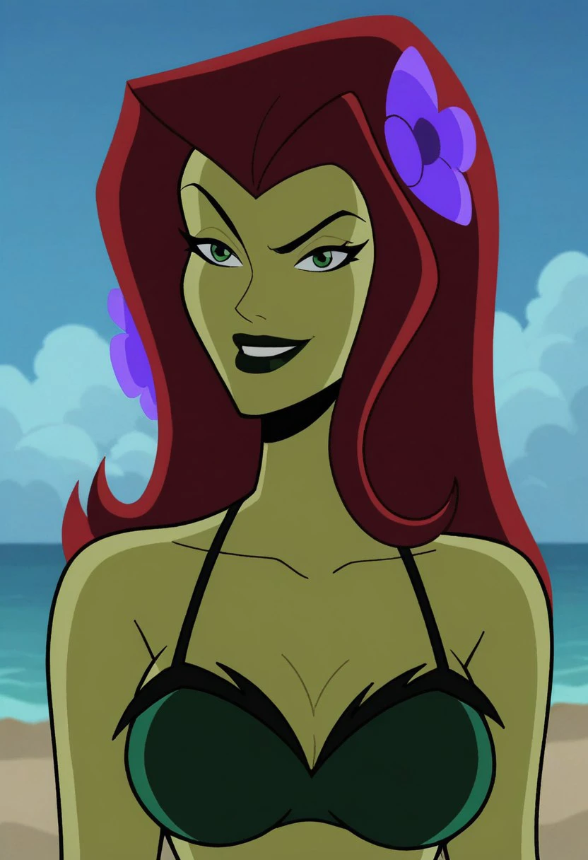 2d, score_9, score_8_up, score_7_up, beach, BREAK
upper body shot, bust, green eyes, red hair, PIVYbatb, green bikini, green skin, cleavage, smile, breasts, hair flower, long hair, black lips, hair ornament,