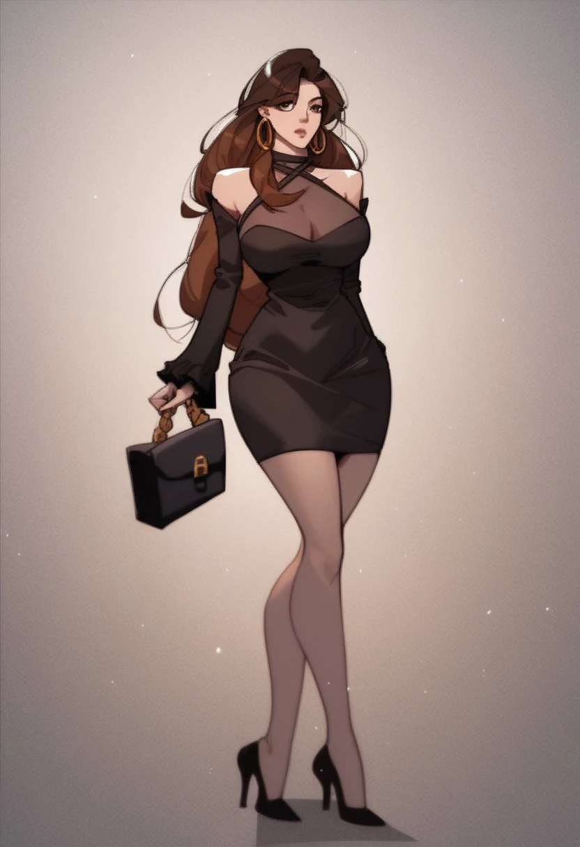 score_9, score_8_up, score_7_up, BREAK, MuQianqian, brown hair, long hair, brown eyes, large breasts, hoop earrings, halterneck, halter dress, bare shoulders, black dress, tight dress, short dress, detached sleeves, handbag, black footwear, high heels, 1girl, solo,