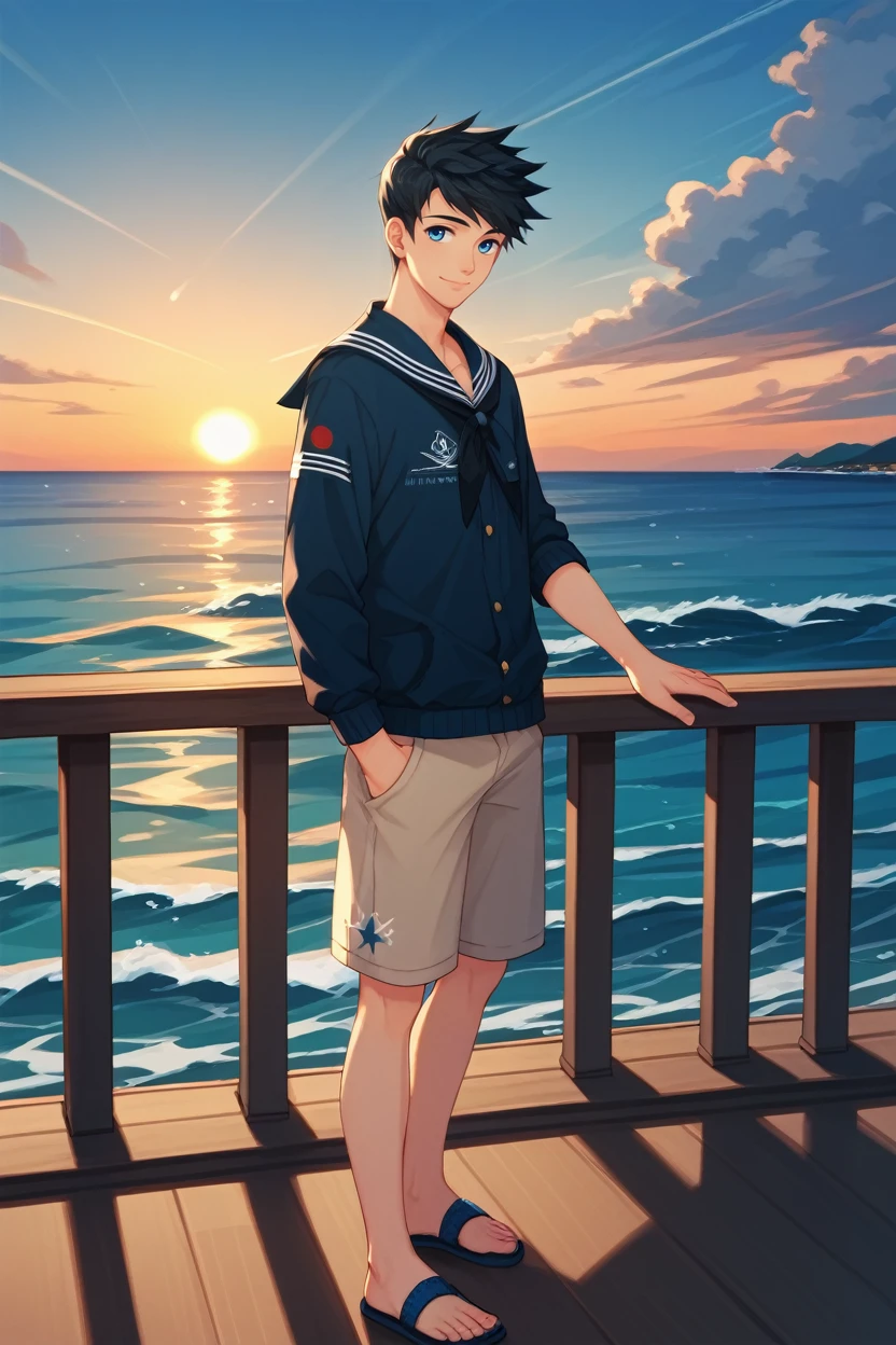 score_9, score_8_up, score_7_up,
<lora:CBNatsumi:1.0>
CBNatsumi, 1boy, black hair, short hair, blue eyes, looking at viewer, standing on a yacht at sunset, nautical-inspired fashion, ocean waves in the background, standing on the deck with a charismatic smile