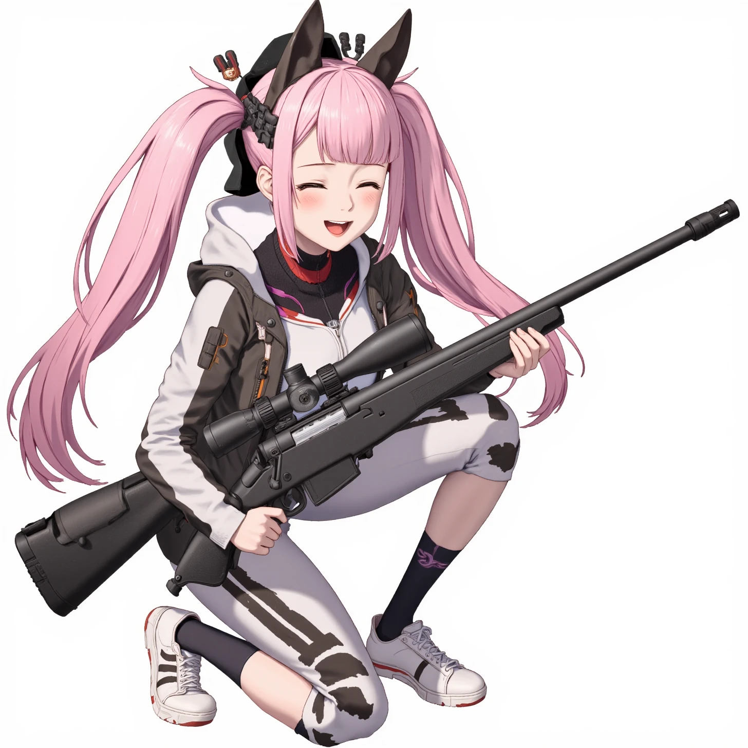 NIKKE, Alice (Sweet Home) cover idle, 1girl, shoes, holding gun, one knee, holding weapon, twintails, white background, hat, smile, closed eyes, open mouth, simple background, blush, sneakers, socks, pants, long sleeves, full body, sniper rifle, hood, pink hair, white footwear, scope, :d, striped, cropped jacket, medium breasts, animal ears, bodysuit