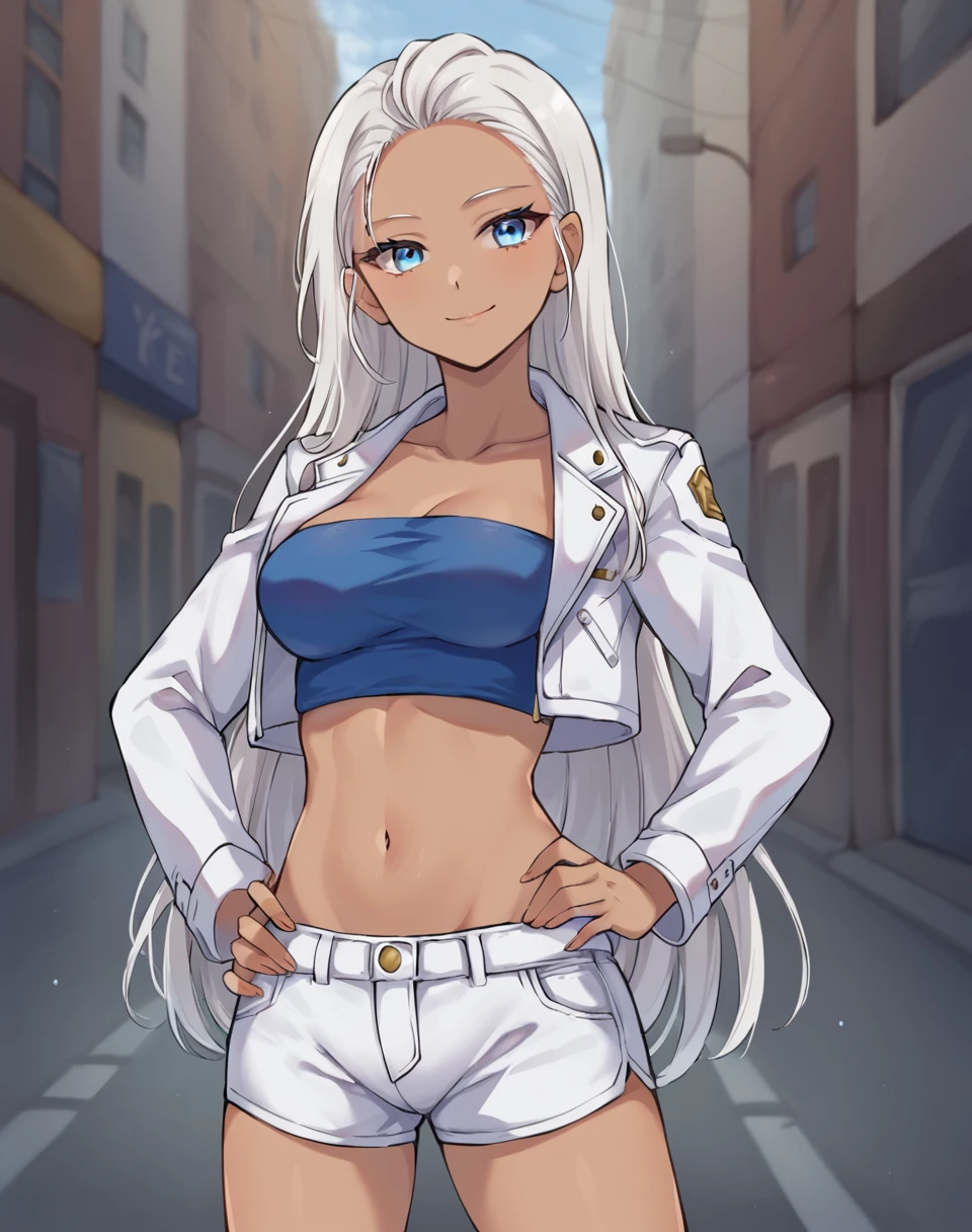 zola_bd, white hair, long hair, blue eyes, dark-skinned female, forehead, blue crop top, strapless, white cropped jacket, open jacket, white shorts BREAK outdoors, city street, ASYMMETRICAL background BREAK looking at viewer, sexy face, sexy smile, hand on hip, cowboy shot, BREAK score_9, score_8_up, score_7_up, source_anime ,zPDXL,  <lora:Zola:0.8>