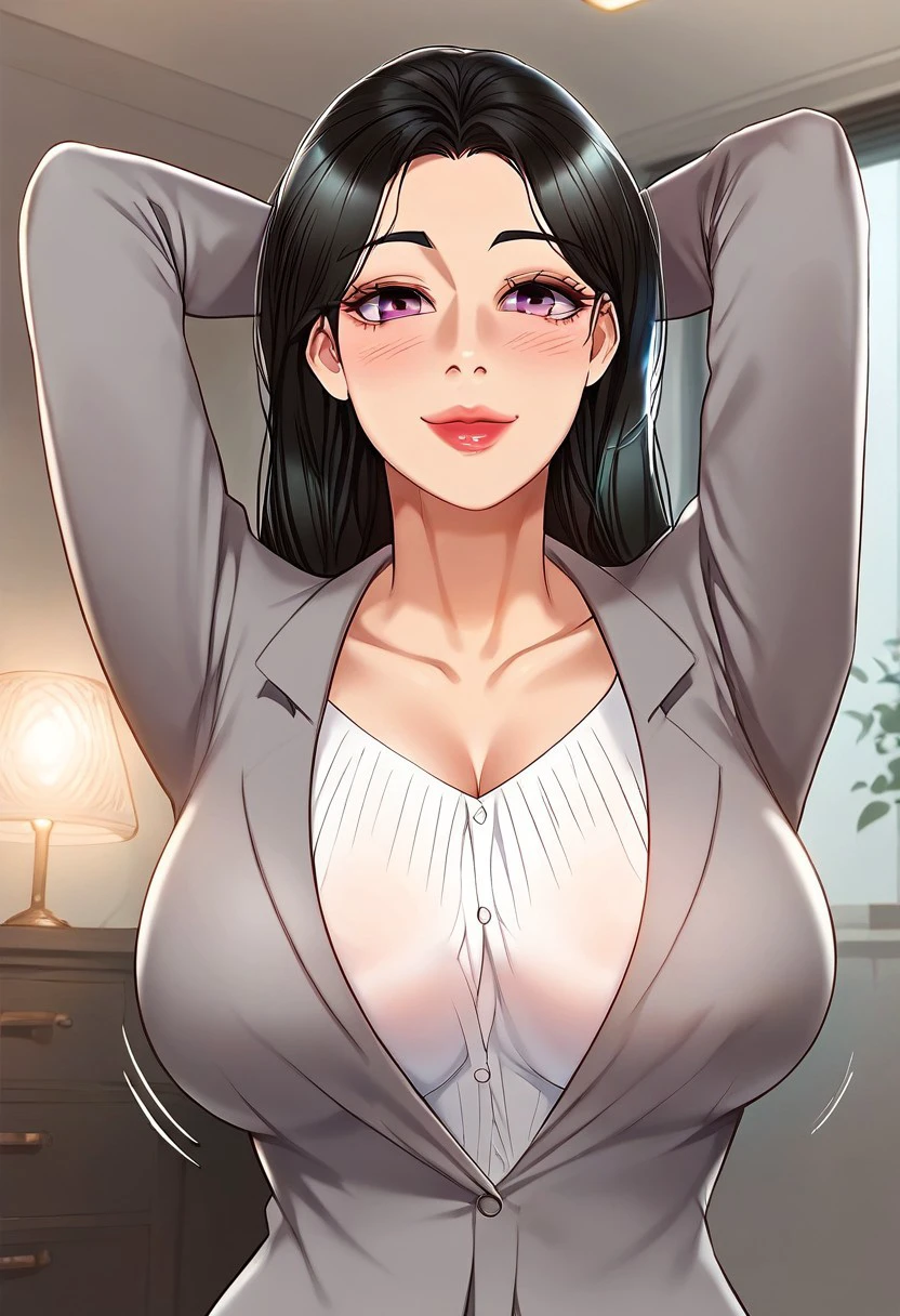 score_9, score_8_up, score_7_up, ASCII masterpiece, source_anime, BREAK, 1girl, solo, (( <lora:eun-jin :1> , eun-jin , thin waist, wide hips, beautiful skin, piercing purple eyes, clear eyes, bright pupils, beautiful eyes, beautiful black hair, beautiful long hair, huge and shaggy breasts, natural beauty, extraordinary beautiful woman, attractive woman, super sexy woman, lustful body, sexy woman with seductive obscene body, sensual body, voluptuous body, sexy beauty, no piercings, no piercing, )) , ((formal, grey suit jacket, white shirt, ))  , sexy pose, cowboy shot, seducative smile, sexy, hands behind head, inside hotel room, morning lights,