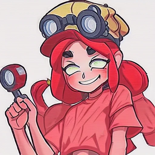 jessie (brawl stars), 1girl, yellow shirt mechanic cap, red hair, backpack