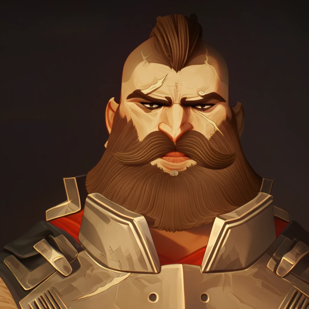 male focus, solo focus, solo, score_9, score_8_up, score_7_up, <lora:JohnNoxianArcaneS2:1> JohnNoxianArcaneS2, beard, mustache, facial hair, scar, armor, brown hair, muscular, scar on face