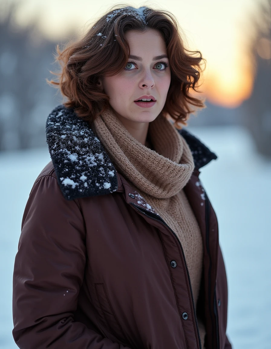 8k hdr photo graph of <lora:rbloomflux1a-000001:1> She has short, wavy brown hair styled in loose curls. wearing winter clothes thick jacket, sweater and scarf, snow is accumulating on her hair, shoulders and clothes, Dynamic pose, at Dawn,