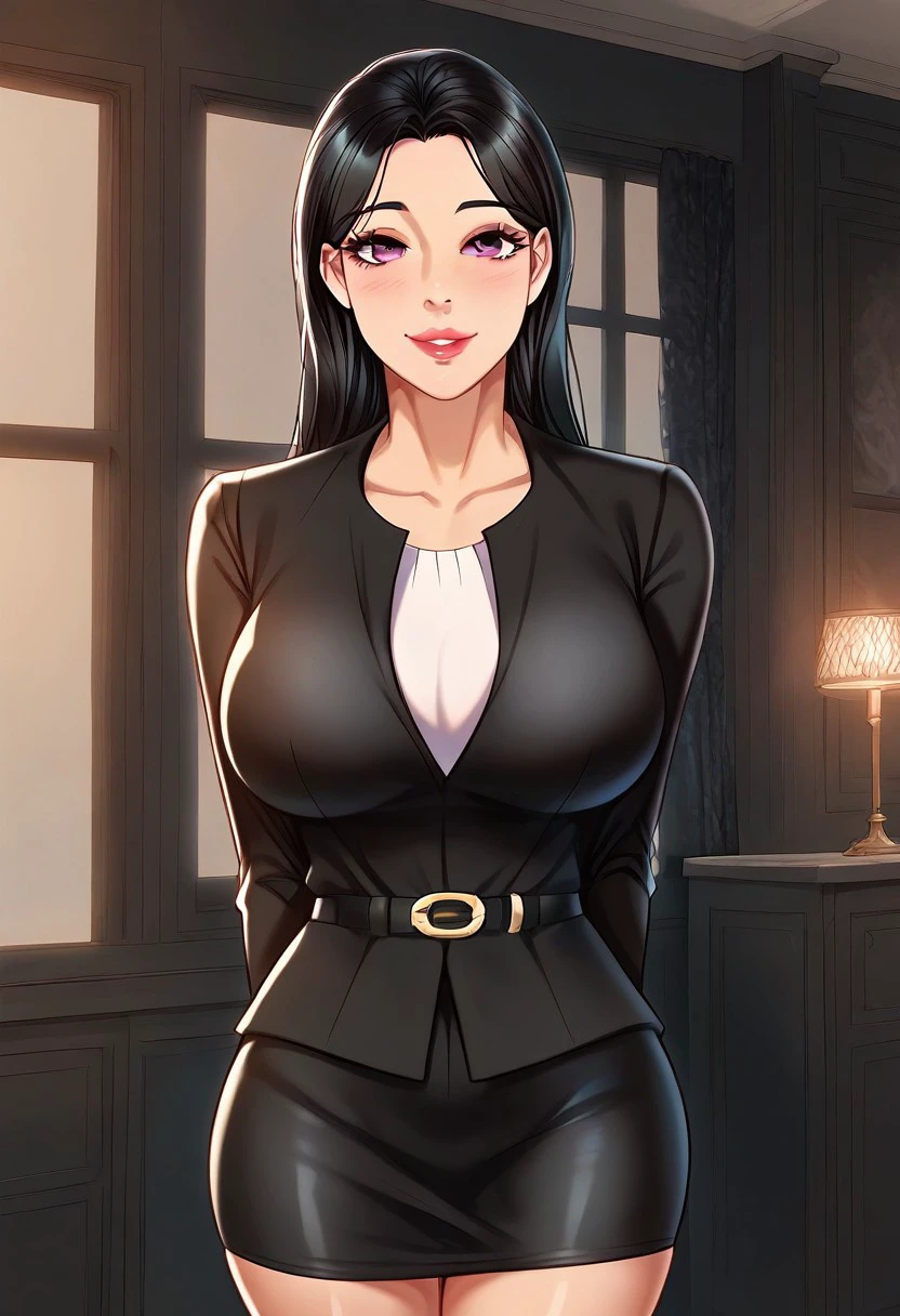 score_9, score_8_up, score_7_up, ASCII masterpiece, source_anime, BREAK, 1girl, solo, (( <lora:eun-jin :1> , eun-jin , thin waist, wide hips, beautiful skin, piercing purple eyes, clear eyes, bright pupils, beautiful eyes, beautiful black hair, beautiful long hair, huge and shaggy breasts, natural beauty, extraordinary beautiful woman, attractive woman, super sexy woman, lustful body, sexy woman with seductive obscene body, sensual body, voluptuous body, sexy beauty, no piercings, no piercing, )) , makeup, ((formal, black suit jacket, white top, black pencil skirt, )) , indoors, shiny clothes, shiny skin, night club, erotic bar, classy decorations, cowboy shot, from above, looking at viewer, hands behind back, (detailed face, detailed eyes), delicate features, soft lighting, seducative smile, cute and sexy, very detailed, high detailed texture, uncensored, rare view,