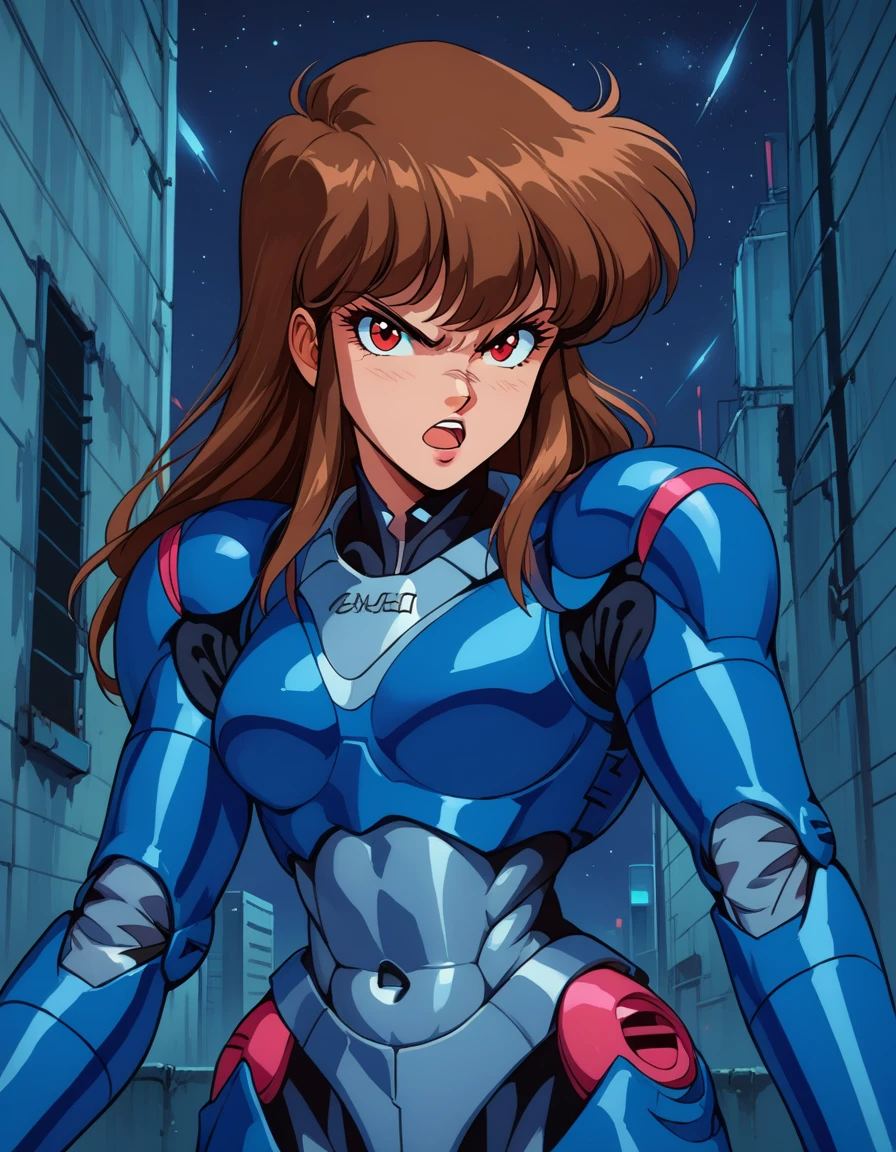 score_9, score_8_up, score_7_up, anime_source, BREAK, 
masterpiece, best quality, 1girl, solo,  <lora:Bubblegum_Crisis-_All_Sabers_pony:0.8> bubblegum-crisis,
 prisssaber, blue power armor, mecha, brown hair, red eyes, retro artstyle, long hair
, dynamic pose, large knuckle, 
, cowboy shot, dynamic pose, looking at viewer, angry, mouth open, attacking,  city, futuristic, fighting stance, night, neon lights, noir, dystopian city,  <lora:g4n1m3XLP:0.8> g4n1m3