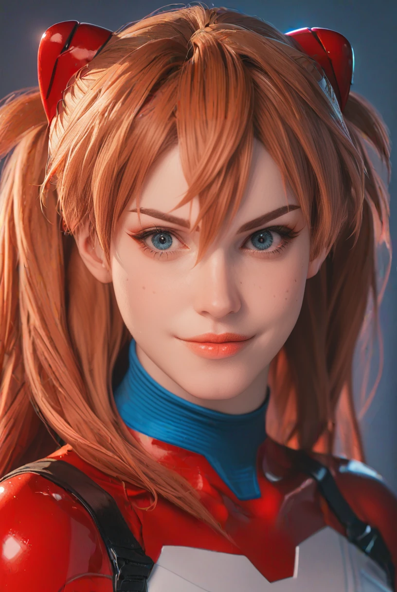 score_9, score_8_up, score_7_up, portrait, BREAK, upperbody, 1girl, shirosama, long red hair, blue eyes, soft freckles, pale skin, cosplay, asuka langley, red plugsuit bodysuit, photoshoot, mist, simple background, looking at viewer, smile, warm lighting, detailed skin, subsurface scattering, rich color, vibrant, warm lighting,