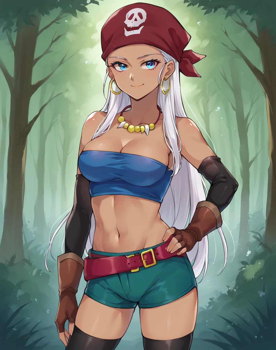 zola_bd, white hair, long hair, blue eyes, dark-skinned female, necklace, hoop earrings, earrings, breasts, necklace, gloves, red bandana, thighhighs, cleavage,  fingerless gloves, dark skin, belt, bandana with skull logo, blue crop top, strapless, green shorts BREAK outdoors,forest, ASYMMETRICAL background BREAK looking at viewer, sexy face, sexy smile, hand on hip, cowboy shot, BREAK score_9, score_8_up, score_7_up, source_anime ,zPDXL,  <lora:Zola:0.8>