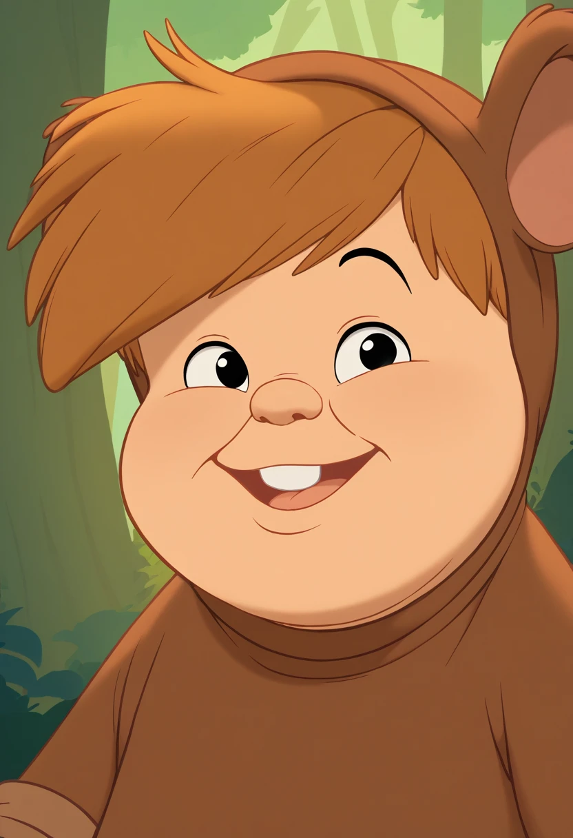 score_8, score_9 ,standing, male focus, <lora:Ted_PeterPan:1>,ppted, male focus, brown animal costume, black eyes,brown bear costume, brown hair, fat, buck teeth,young,close-up, face focus, face only, side view, happy face,looking at viewer,outsude,forest,sunny,