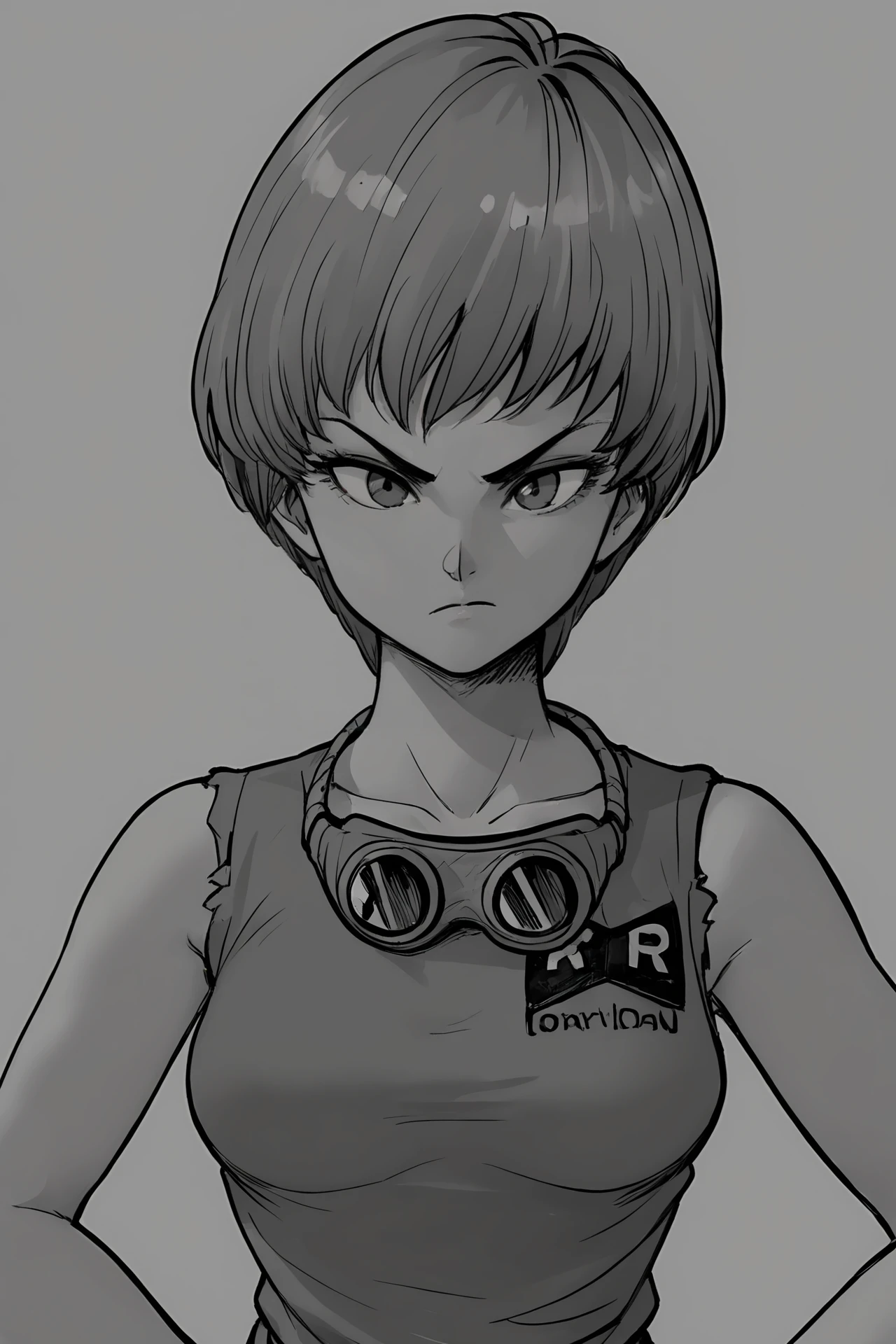 source_anime, score_9, score_8_up, score_7_up, anime screencap, high quality, 8k, absurdres,
colonel violet, official art, official style, military clothing, 1girl, solo, breasts, short hair, simple background, angry, closed mouth, collarbone, monochrome, upper body, sleeveless, grey background, hands on hips, frown, sleeveless shirt, clothes writing, serious, goggles around neck, looking at viewer, v-shaped eyebrows, eyelashes, close-up, logo print, english text, print shirt
 <lora:violet_pony_v1:0.8>