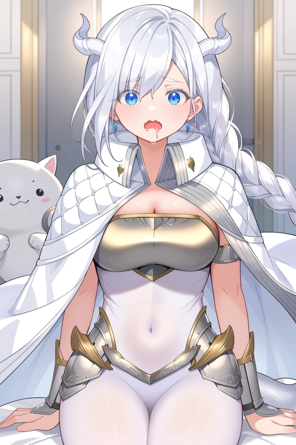 score_9, score_8_up, score_7_up, source_anime, Mubai, blue eyes, white hair, long hair, braid, horns, high collar, cape, white cape, cleavage, armor, breastplate, bodystocking, covered navel, gauntlets, hip armor, tail, open mouth, wavy mouth, drooling, gazing, eyes_half-closed