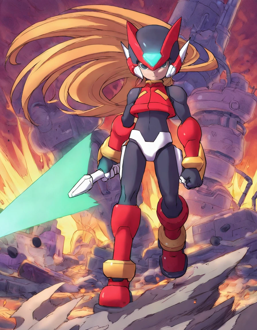 the overall style of the illustration is anime-inspired.,
masterpiece,best quality,very aesthetic,highres,absurdres,sensitive,amazing quality,beast quality,
<lora:megaman zero illuXL v4.1:0.75>,official art,factory,explosion,
zero rz,1boy,male focus,solo,green energy sword,holding green energy sword,looking at viewer,full body,closed mouth,floating hair,glowing,red background,standing on object,black bodysuit,green forehead jewel,mecha,red vest,red armored boots,red armored gloves,red headgear,