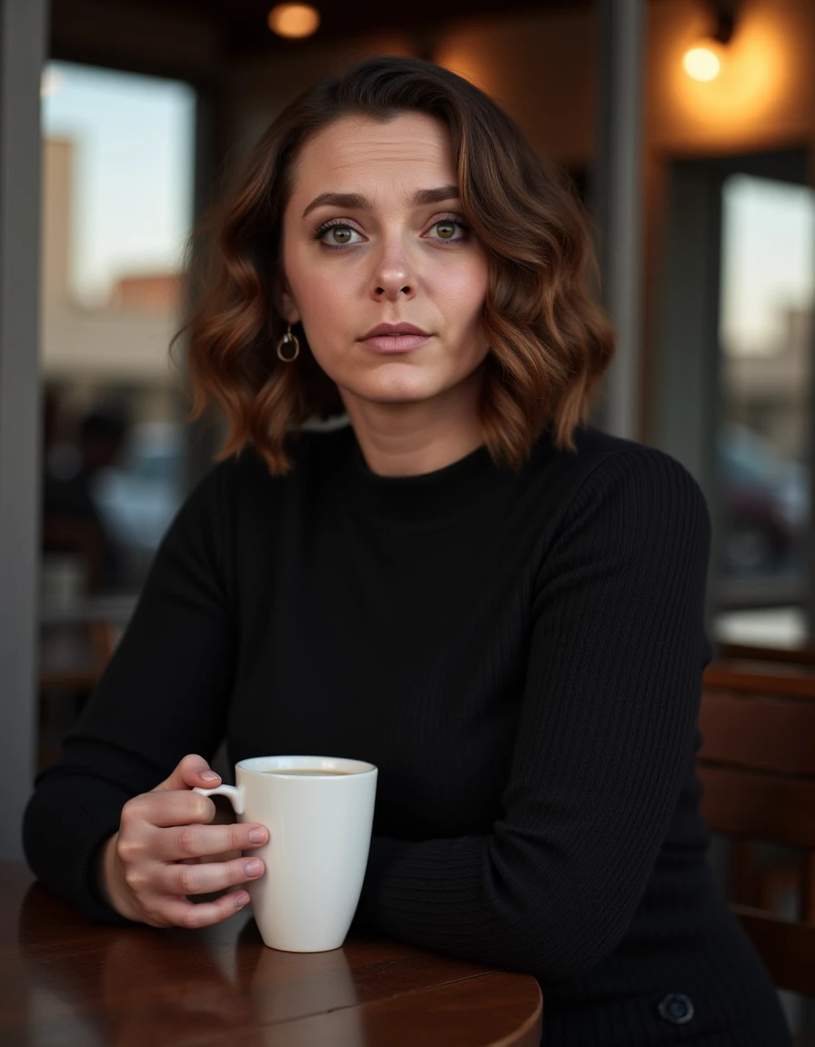 8k hdr photo graph of <lora:rbloomflux1a-000001:1> She has short, wavy brown hair styled in loose curls. she has large breasts, wearing a fitted light black turtleneck sweater, sitting in a cafe holding a coffee, . She is looking at the viewer,