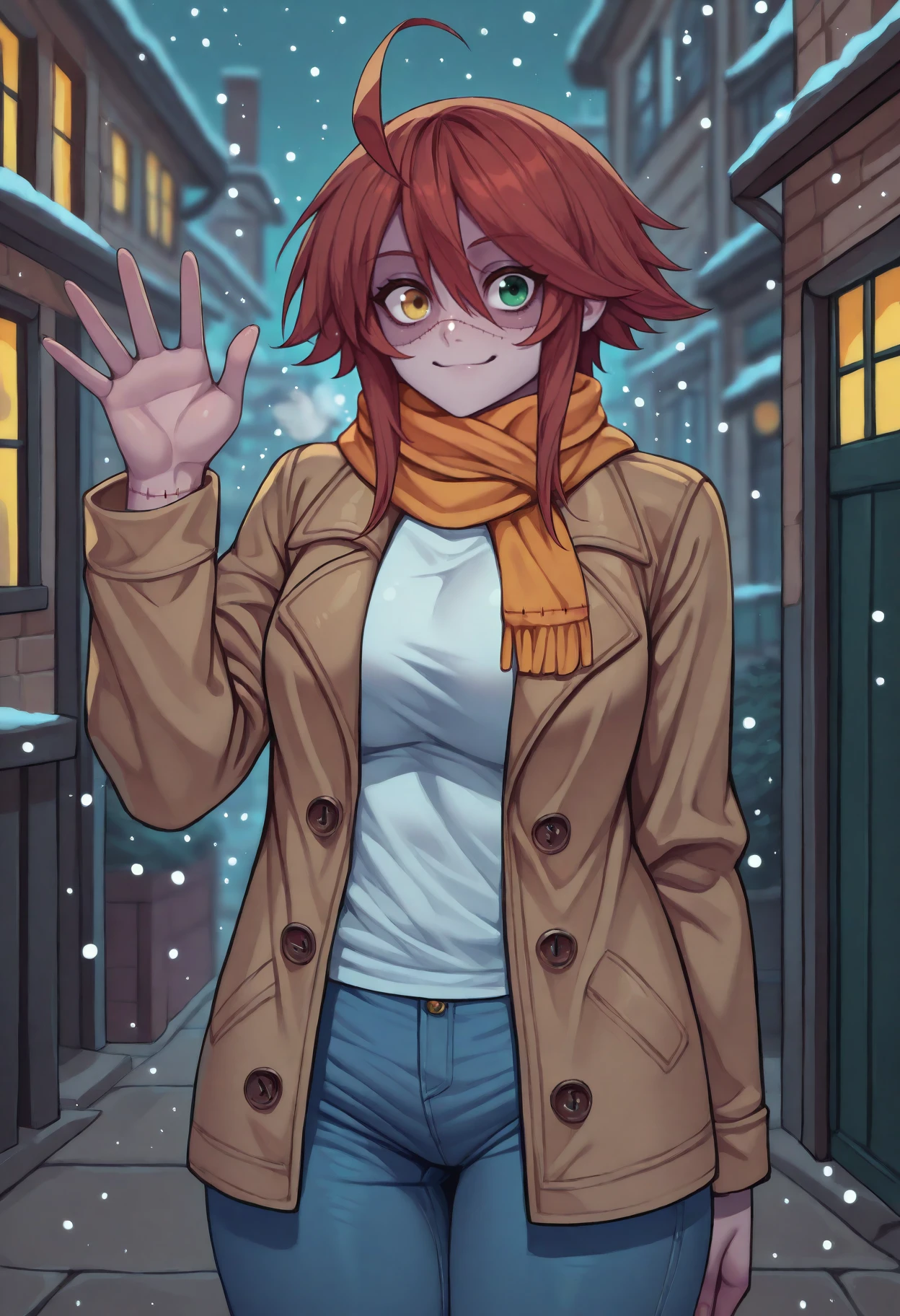 anime, masterpiece, best quality, <break> solo, 1girl, mmzombina, zombie, stitches, patchwork skin, smile, closed mouth, looking at viewer, waving, red hair, ahoge, heterochromia, yellow eyes, green eyes, brown coat, open coat, long sleeves, white shirt, jeans, scarf, snowing, outdoors, town
<segment:yolo-face_yolov8m.pt,0.4,0.5//cid=1>