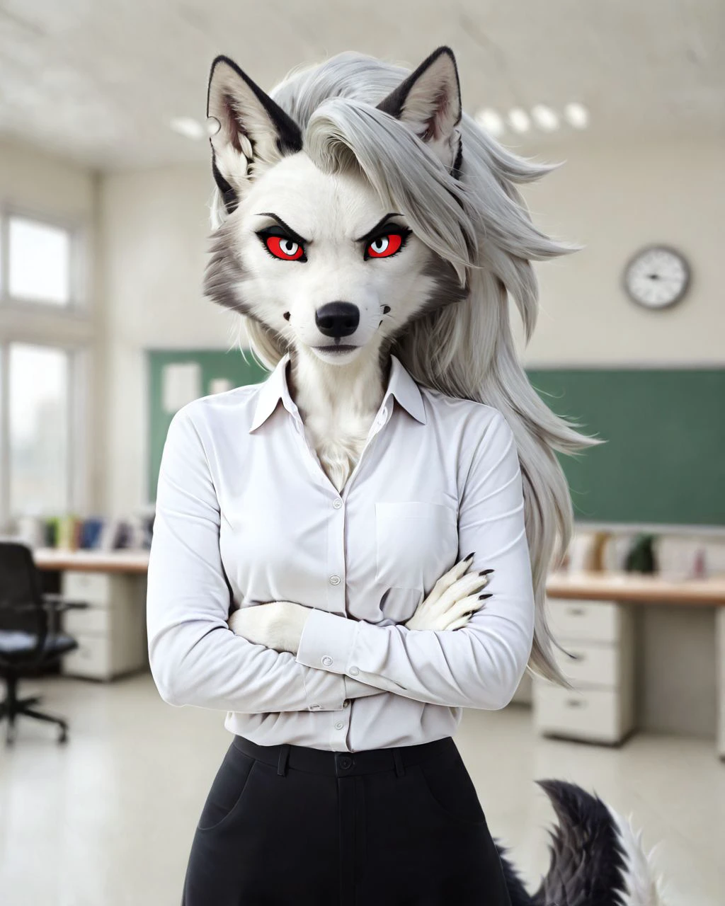 furry, ((masterpiece)), best quality, 1girl, solo, (anthro, wolf), (detailed background, standing, office), (loona, very mad face, annoyed face),  photorealistic, fixl-art, great lighting,  <lora:great_lighting:1> <lora:photorealistic_V2:0.7>