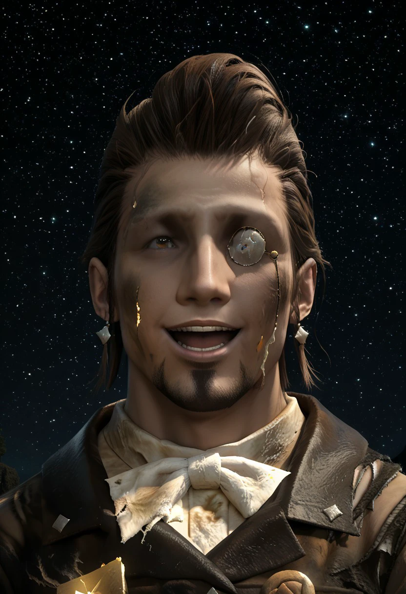 PonyXLV6_Scores BREAK h1ld1br4nd, the manderville man, 1boy, monocle, male focus, solo, facial hair, earrings, jewelry, star (sky), brown hair, torn clothes, smile, realistic, starry sky, open mouth, beard, mandervillous, , cinematic angle, cinematic lighting,