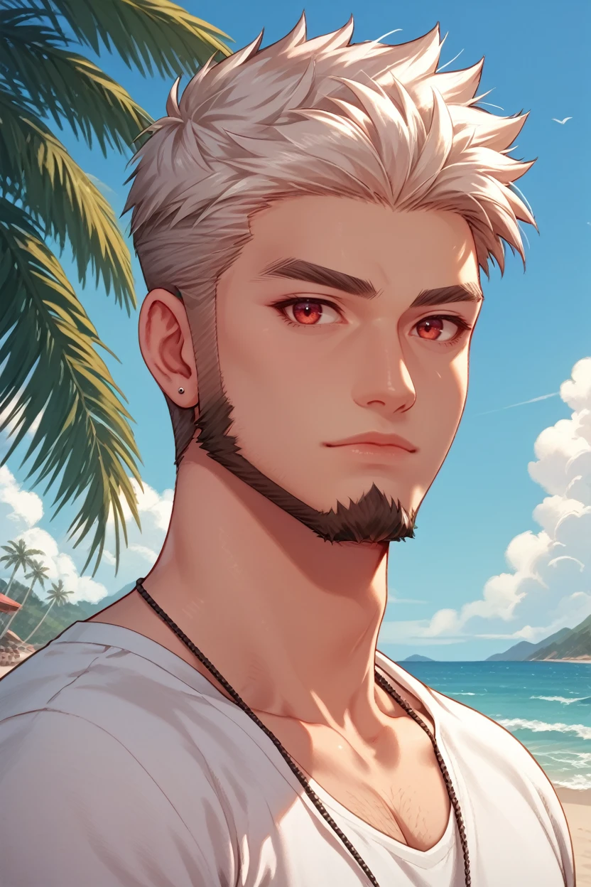 score_9, score_8_up, score_7_up, 
<lora:CBGoro:0.8>
CBGoro, 1boy, white hair, short hair, beard, red eyes, looking at viewer, at the beach, casual clothing, palm trees, sundown