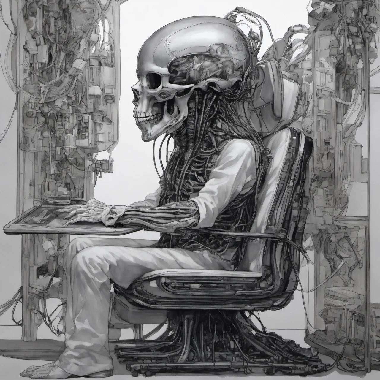 x-ray brain, x-ray skull, man connected to many cables wearing cybernetic helmet sitting in a chair,Neuromuscular, biomechanical, art by H.R. giger, the anatomy of a zoombie head made of computer part, an ultrafine detailed painting by james jean, octopath traveler, behance contest winner, vanitas, angular, altermodern, surreal, Hyper detailed ultra sharp, trending on artstation, vibrant aesthetic, bloodwave, colorful, psychedelic, ornate, intricate, digital painting, concept art, smooth, sharp focus, illustration, anthropomorphic alien, art by artgerm and greg rutkowski and h. r. giger, 8 k, vector illustration